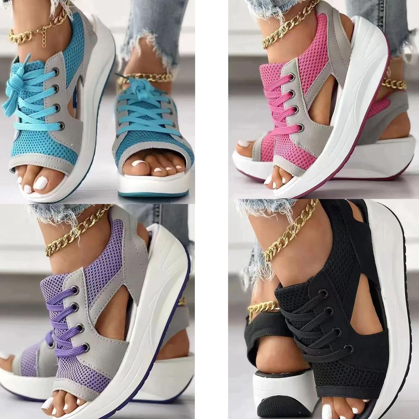 Flat Lace-Up Sandals with Paneled Contrast Design