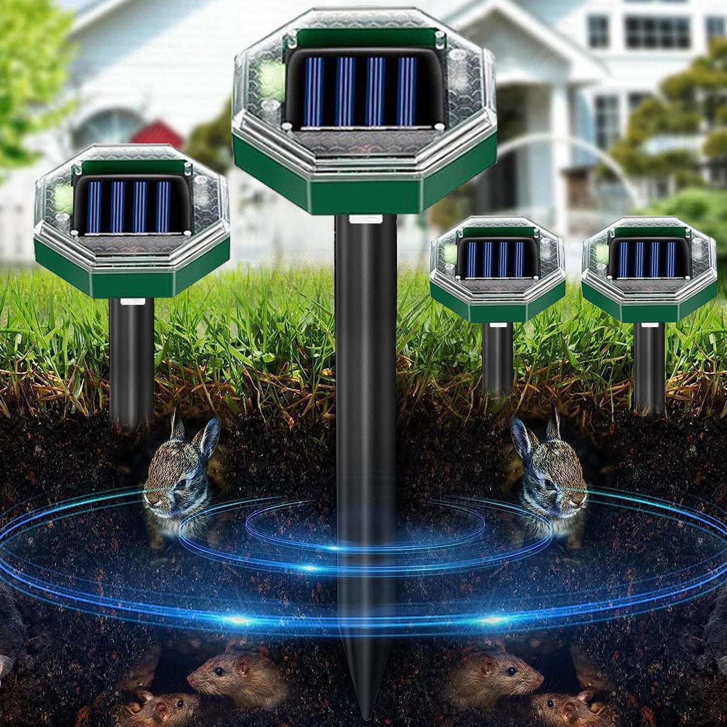 4-Pack Ultrasonic Mole Repellers – Solar-Powered Pest Control for Yard & Lawn