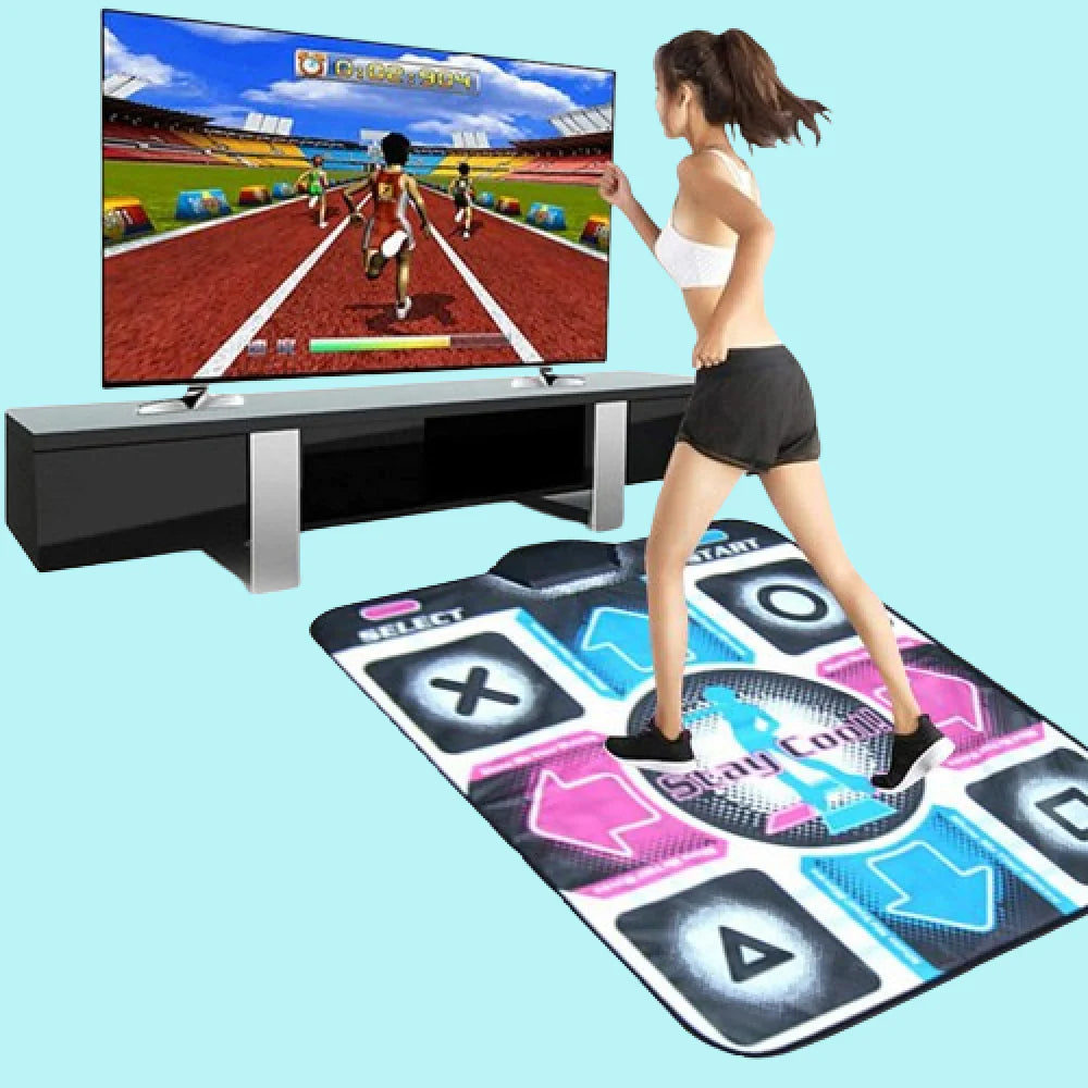 Interactive dance mat with music and motion sensor for playful fitness training
