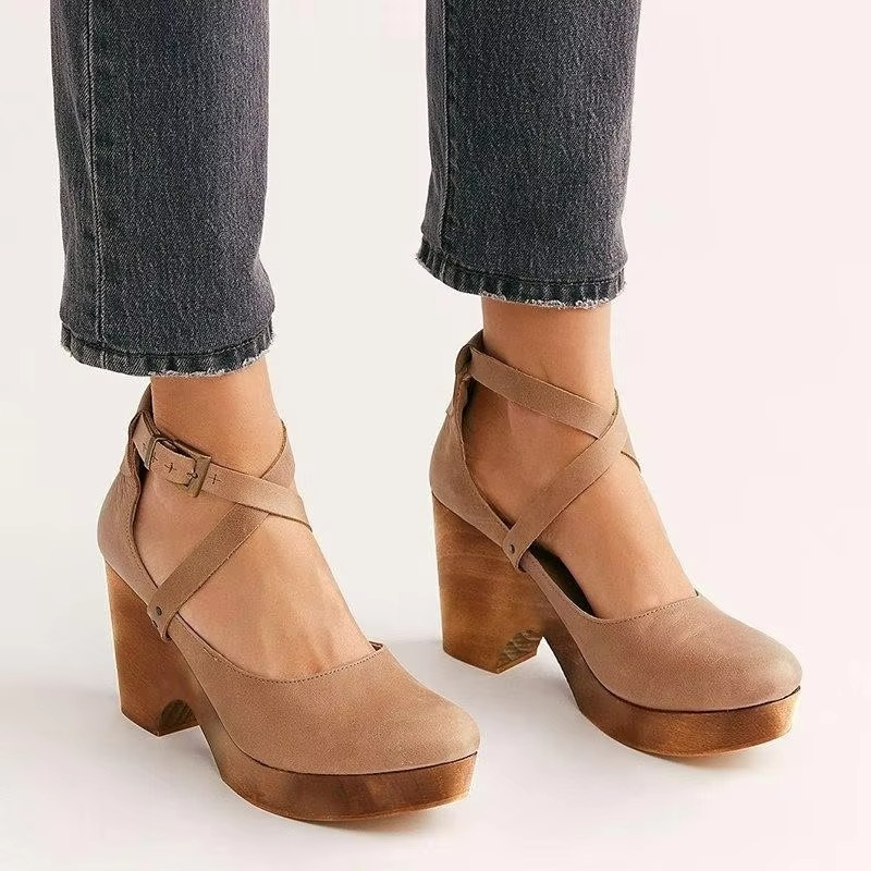 Brown Chunky Platform Mary Jane Heels with Buckle Strap
