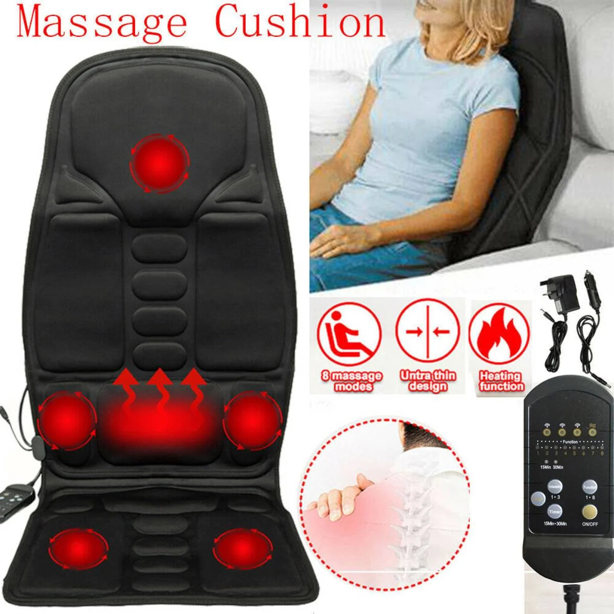 Heated Massage Seat Cushion – 8 Modes for Back & Neck Relief Home or Car Use