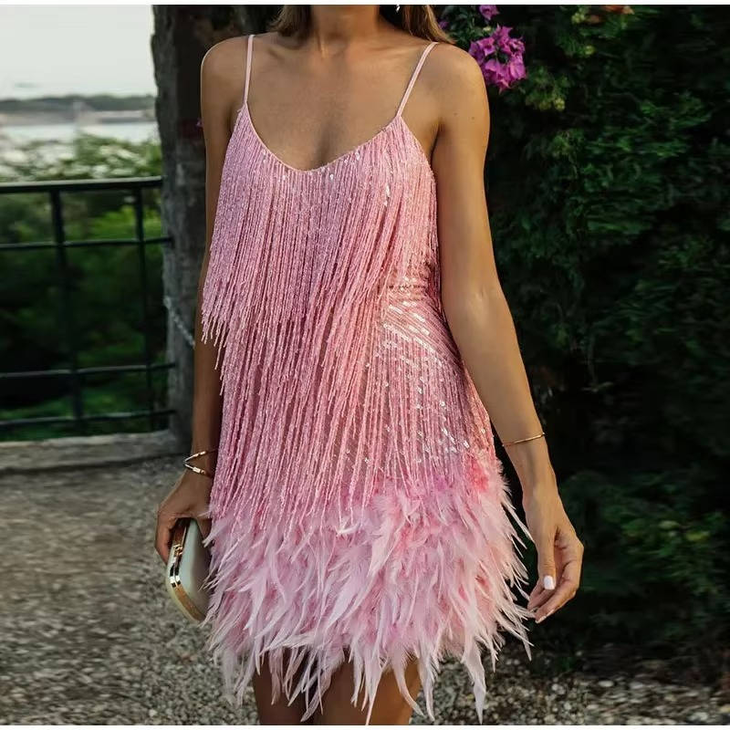 White Fringe Cocktail Dress With Feather Hem