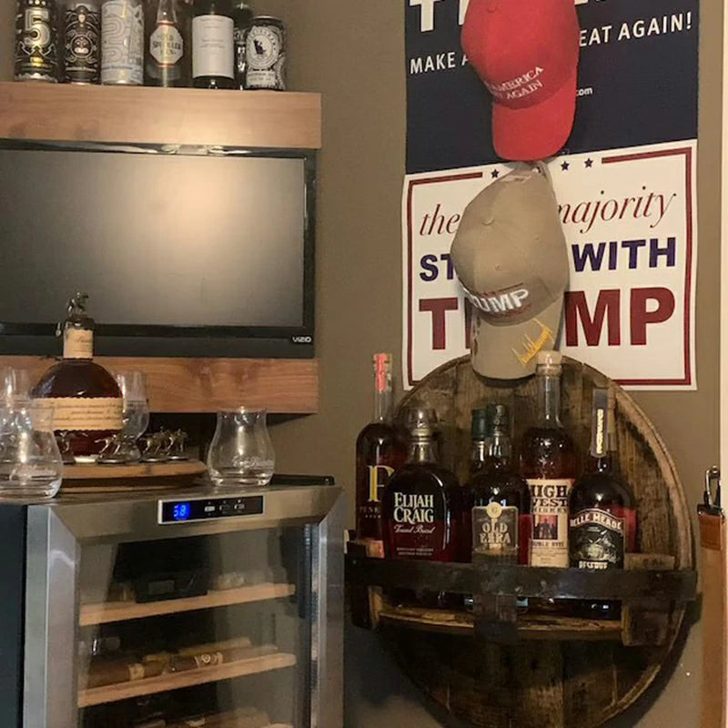 Rustic Whiskey Barrel Shelf – Bourbon-Inspired Bar Decor