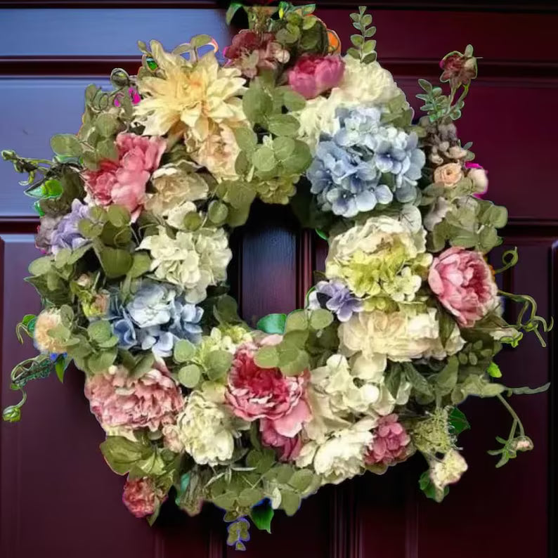 Vibrant Rainbow Hydrangea Wreath – Lifelike Artificial Flowers for Door or Wall