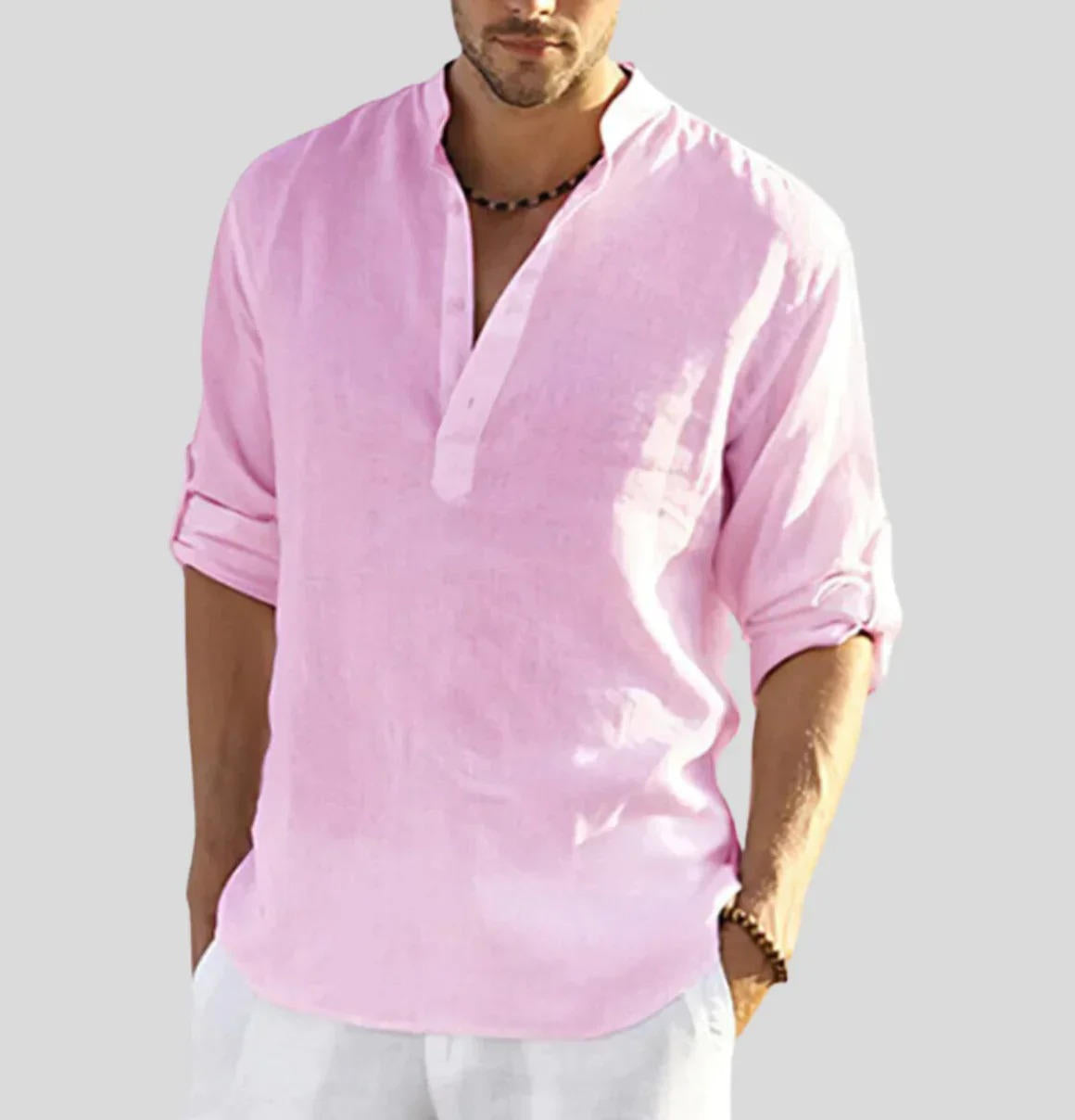 Men's Linen Henley Shirt With Rolled Sleeves
