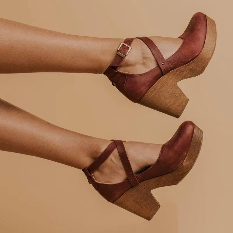 Brown Chunky Platform Mary Jane Heels with Buckle Strap