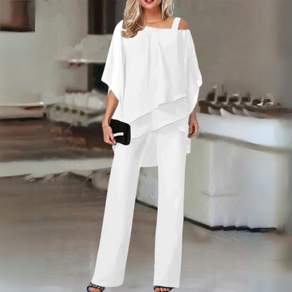 Women’s Two Piece Outfit with Cold-Shoulder Top and Long Trousers