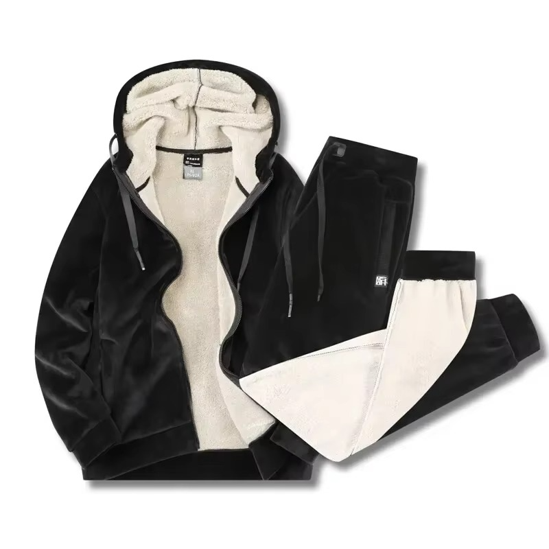 Men's Cashmere Fleece Tracksuit Set – Thick Hooded Jacket and Pants for Winter Warmth