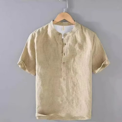Men's Cotton Linen Short Sleeve Shirt, Solid Color, Casual Summer Beach Style, Turn-Down Collar, Sizes M–5XL
