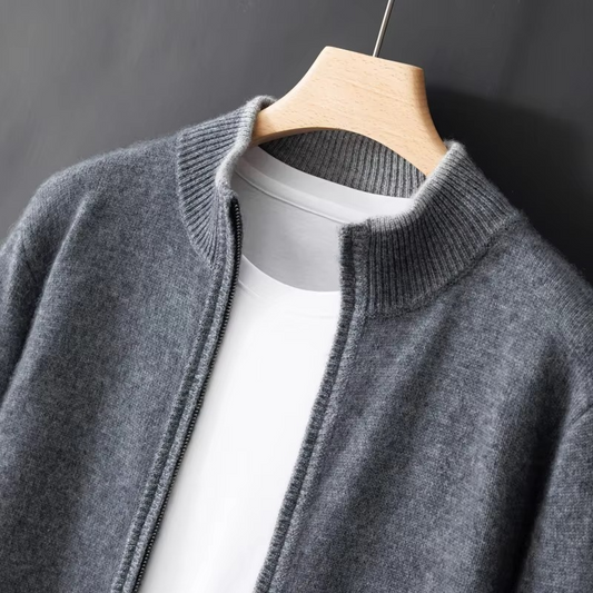 Men’s Pure Cashmere Zip Cardigan Sweater – Loose Fit Casual Knit Jacket