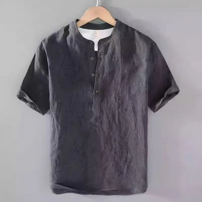 Men's Cotton Linen Short Sleeve Shirt, Solid Color, Casual Summer Beach Style, Turn-Down Collar, Sizes M–5XL