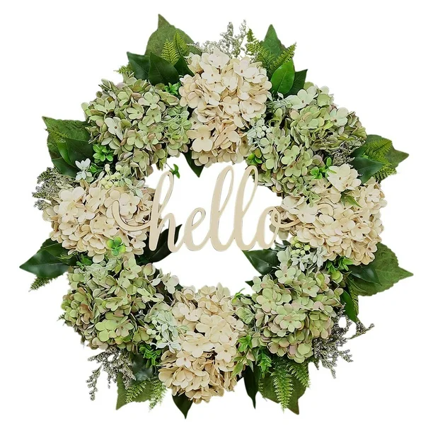 Artificial Green Hydrangea Door Wreath with Rustic Hello Sign