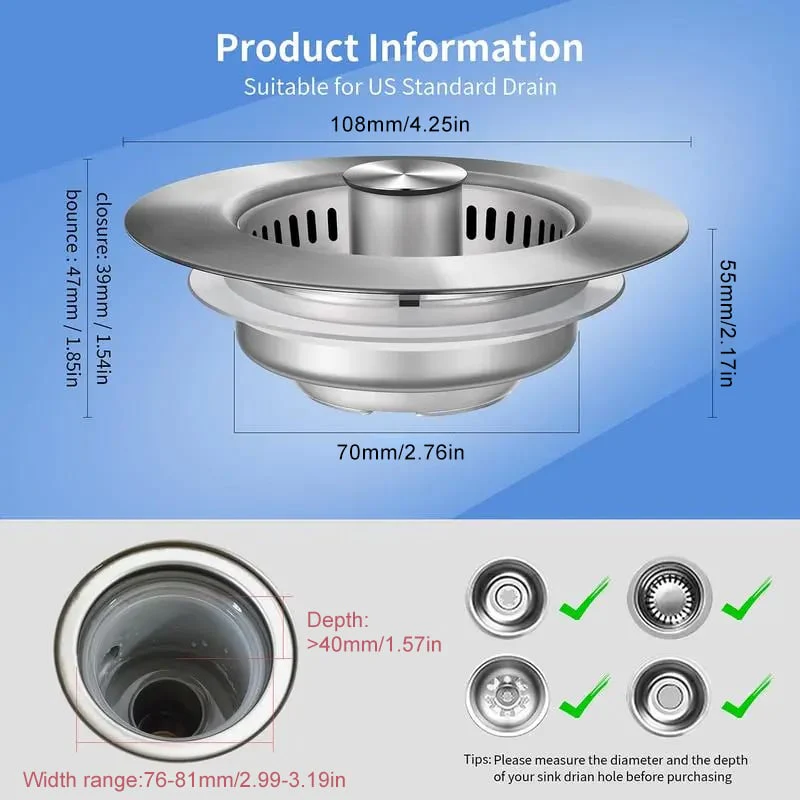 Stainless Steel Kitchen Sink Drain Strainer Anti Clog Basket Filter