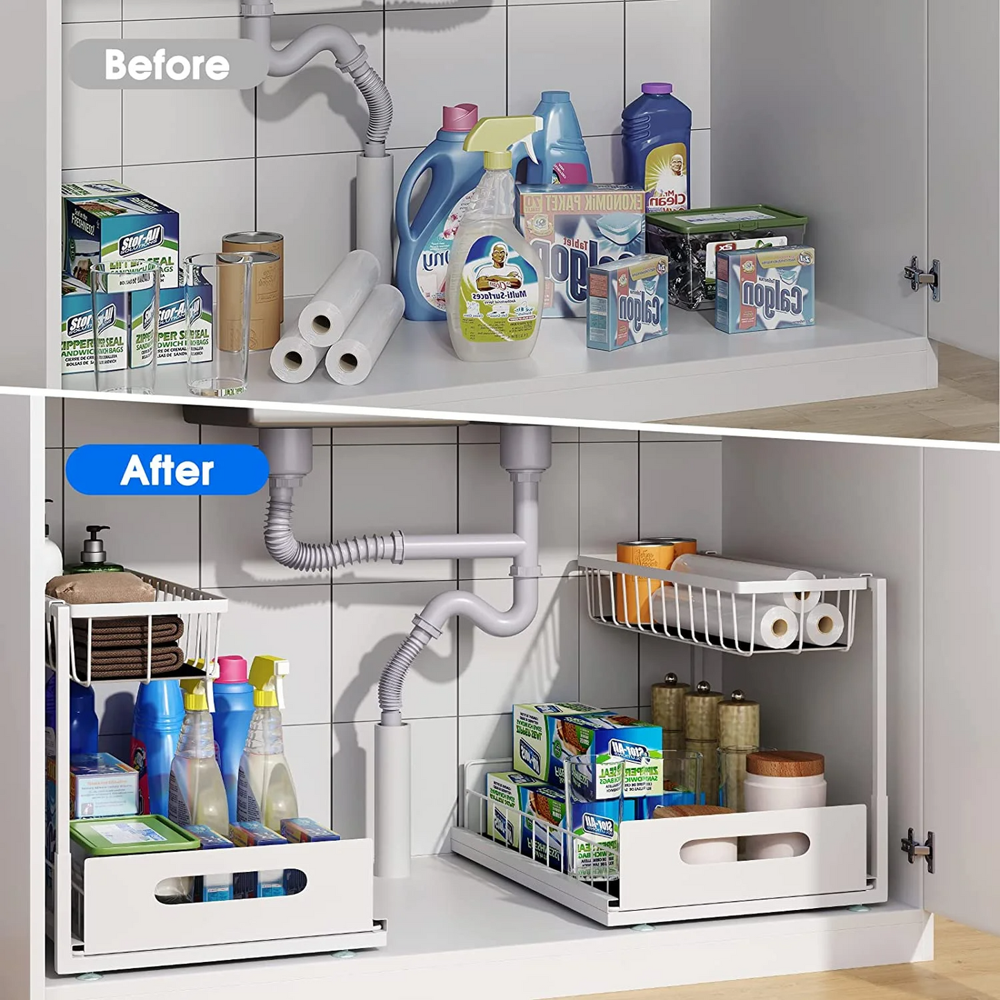 2 Tier Sliding Under Sink Organizer for Kitchen and Bathroom