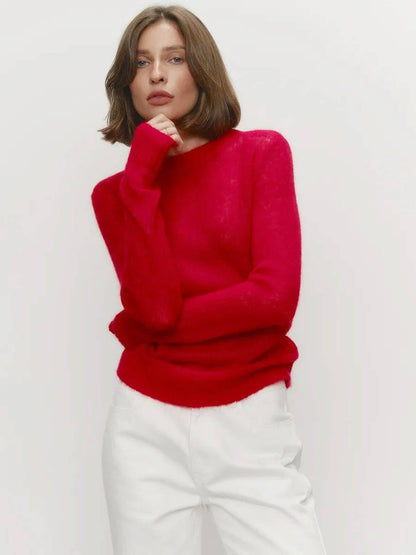 Women’s Mohair Knit Sweater – Long Sleeve O-Neck Pullover