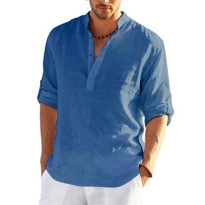 Men's Linen Henley Shirt With Rolled Sleeves