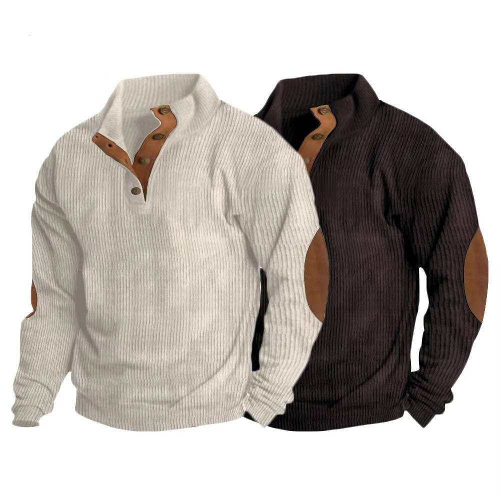 Mens Classic Button Neck Pullover Sweater With Elbow Patches