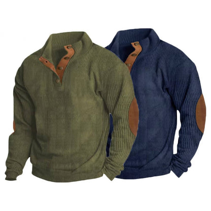 Mens Classic Button Neck Pullover Sweater With Elbow Patches