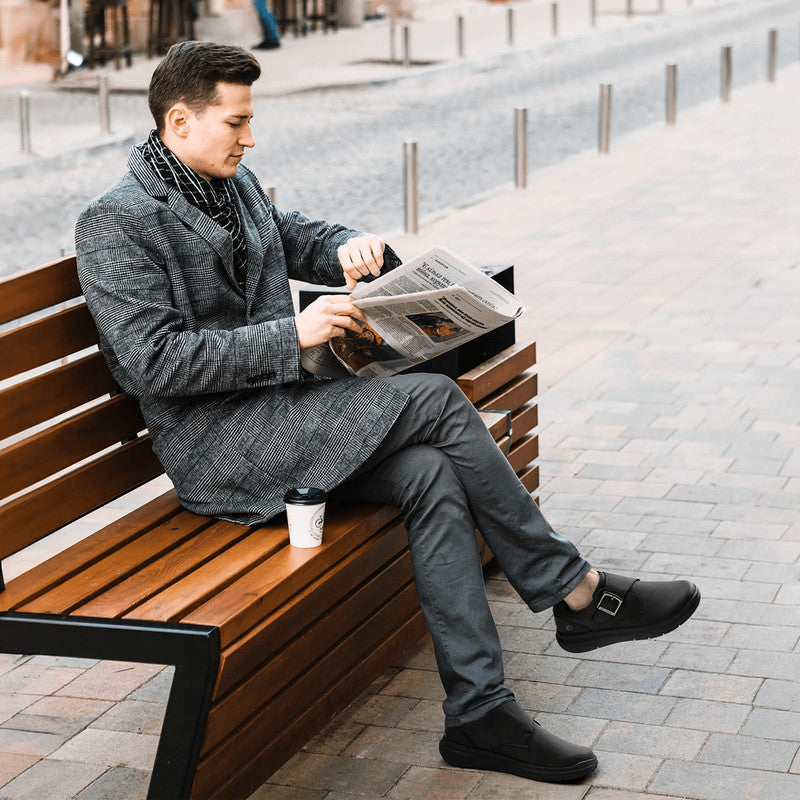 FitVille Mens Wide Leather Walking Shoes Comfortable Diabetic Shoes for Swollen Feet