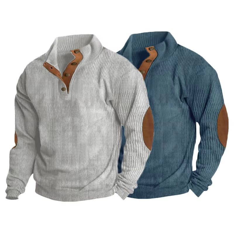 Mens Classic Button Neck Pullover Sweater With Elbow Patches