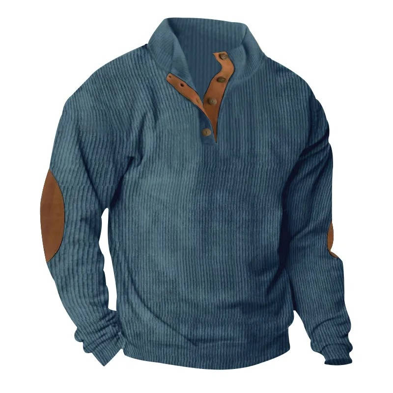 Mens Classic Button Neck Pullover Sweater With Elbow Patches