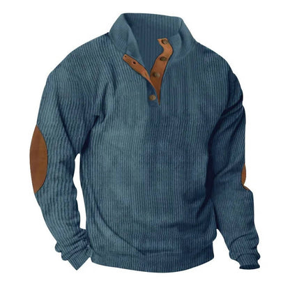 Mens Classic Button Neck Pullover Sweater With Elbow Patches