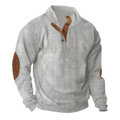 Mens Classic Button Neck Pullover Sweater With Elbow Patches