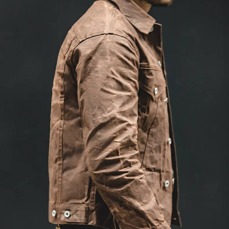 Men's Vintage Brown Waxed Cotton Jacket With Front Flap Pockets