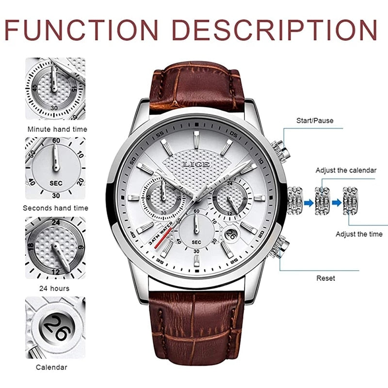 LIGE Watches Men Top Brand Luxury, Leather Quartz Sport Watch for Men, Business Clock, Waterproof