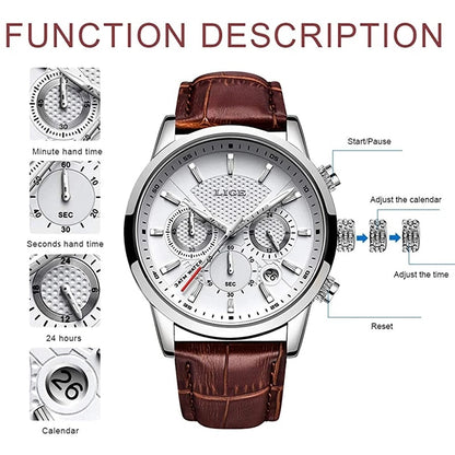 LIGE Watches Men Top Brand Luxury, Leather Quartz Sport Watch for Men, Business Clock, Waterproof