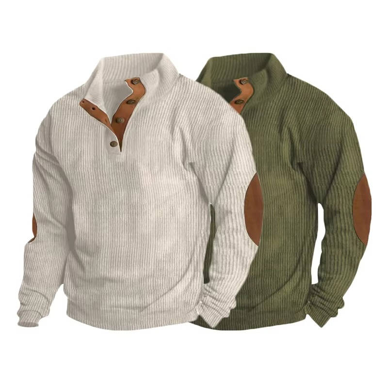 Mens Classic Button Neck Pullover Sweater With Elbow Patches