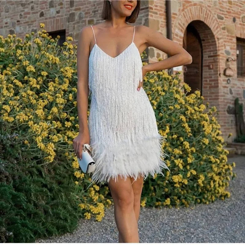 White Fringe Cocktail Dress With Feather Hem