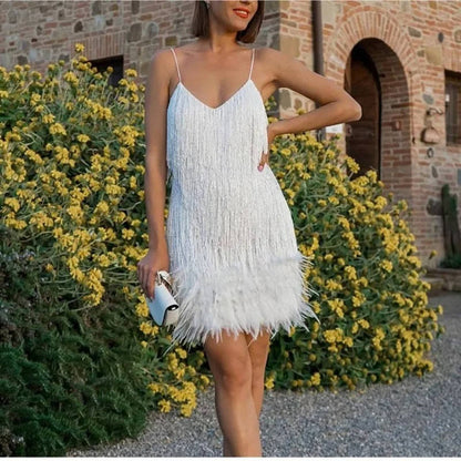 White Fringe Cocktail Dress With Feather Hem