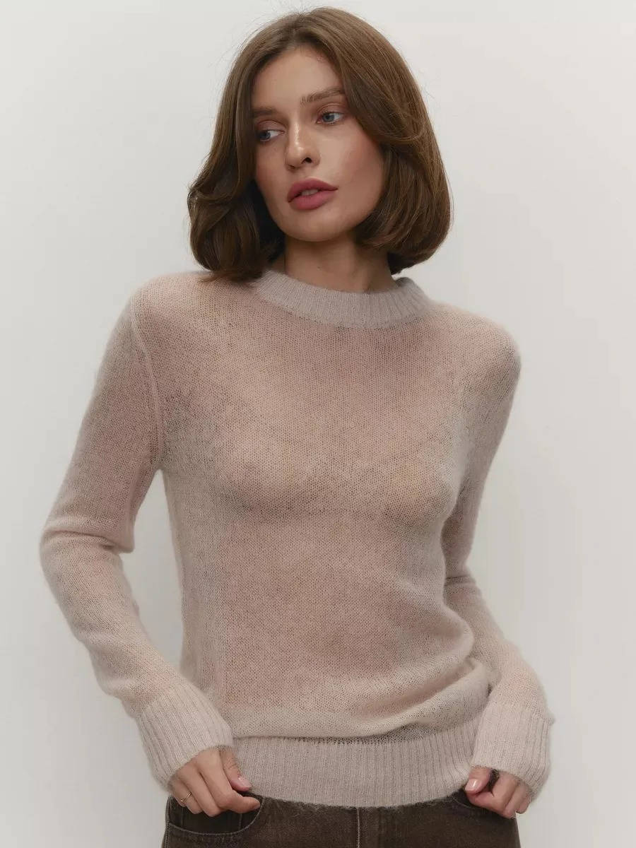 Women’s Mohair Knit Sweater – Long Sleeve O-Neck Pullover
