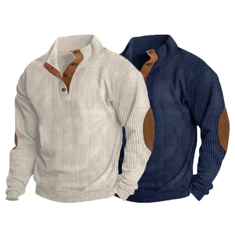 Mens Classic Button Neck Pullover Sweater With Elbow Patches