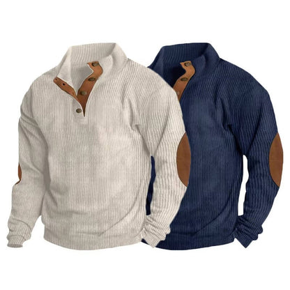 Mens Classic Button Neck Pullover Sweater With Elbow Patches