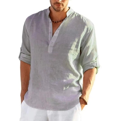 Men's Linen Henley Shirt With Rolled Sleeves