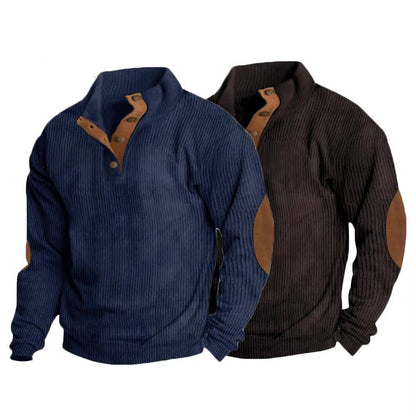 Mens Classic Button Neck Pullover Sweater With Elbow Patches