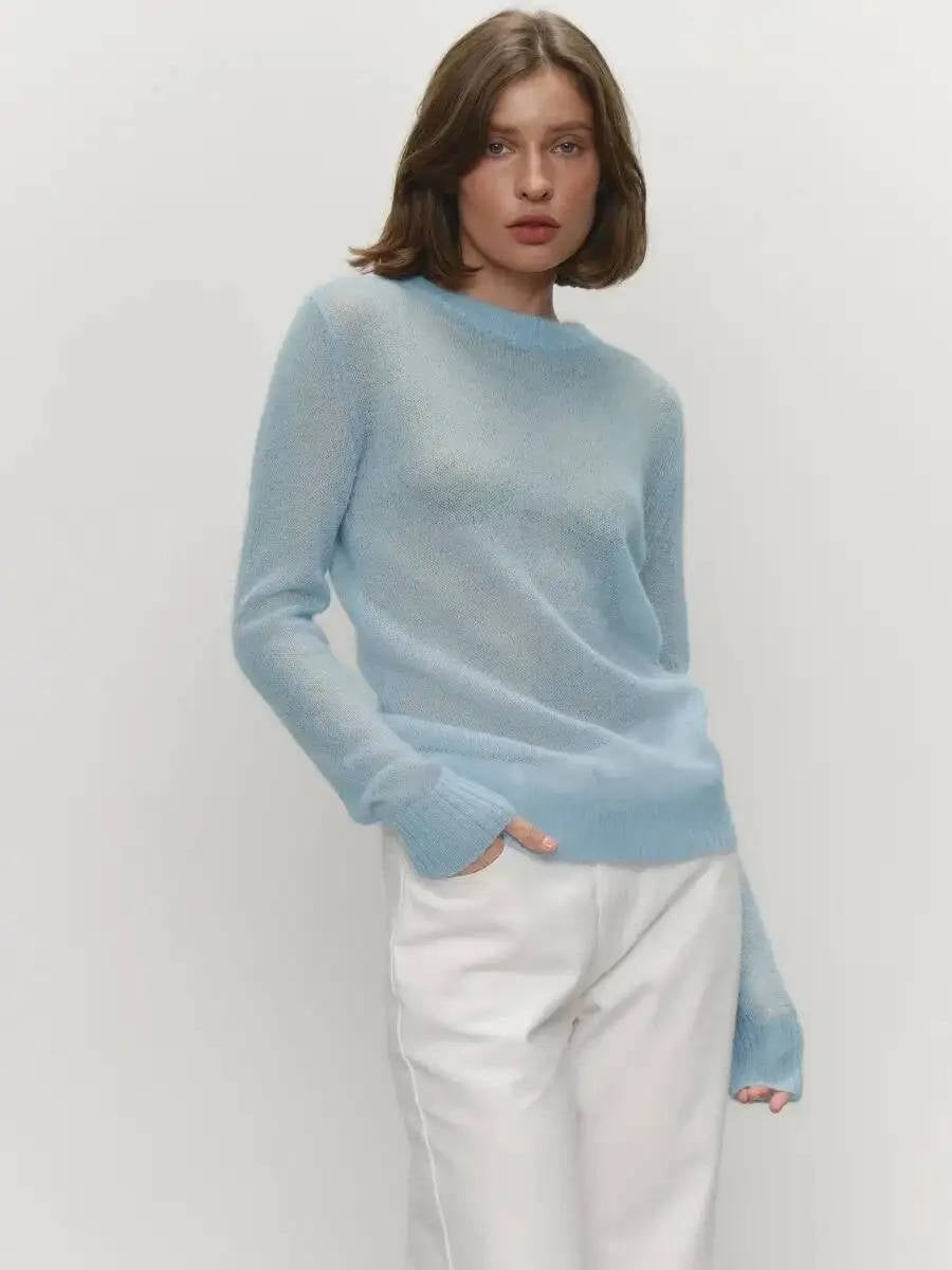 Women’s Mohair Knit Sweater – Long Sleeve O-Neck Pullover