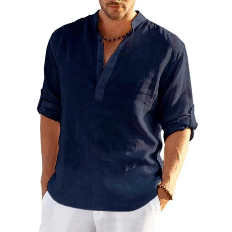 Men's Linen Henley Shirt With Rolled Sleeves