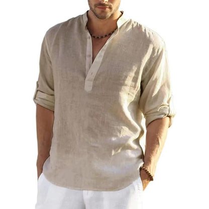 Men's Linen Henley Shirt With Rolled Sleeves
