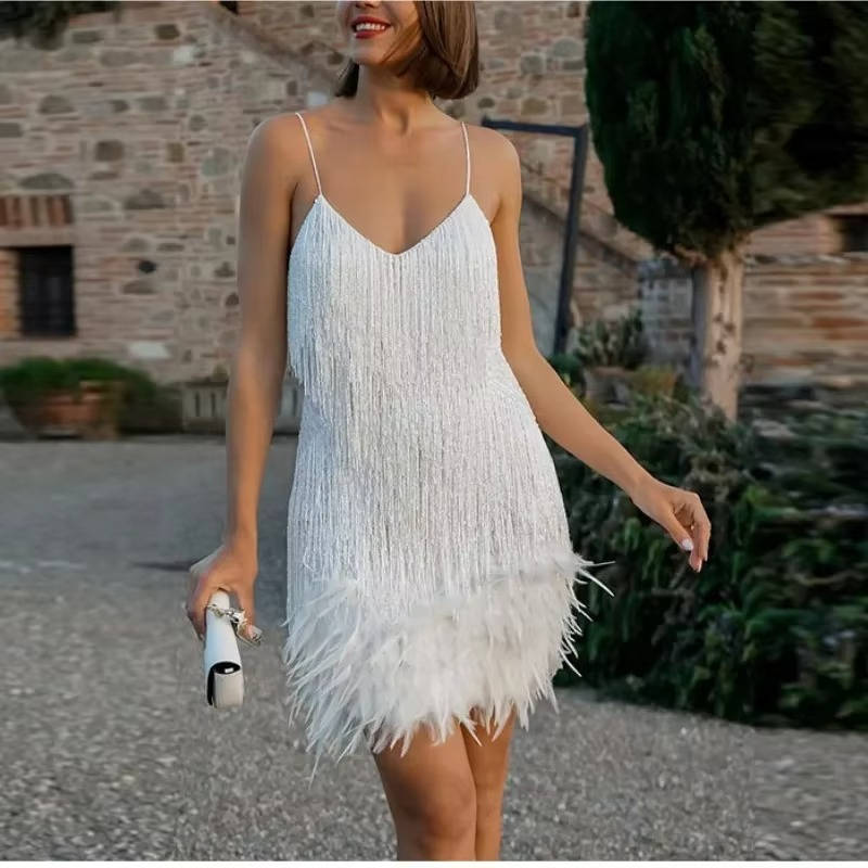 White Fringe Cocktail Dress With Feather Hem