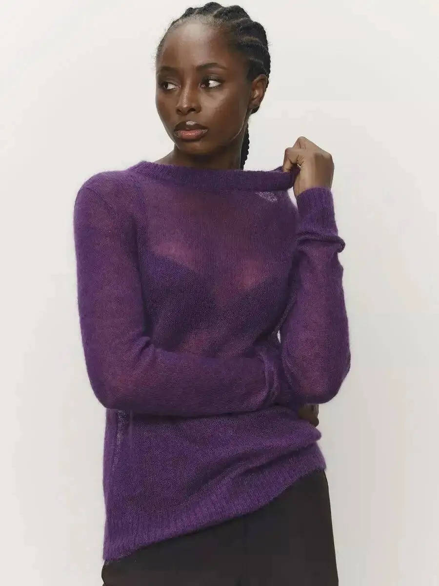 Women’s Mohair Knit Sweater – Long Sleeve O-Neck Pullover