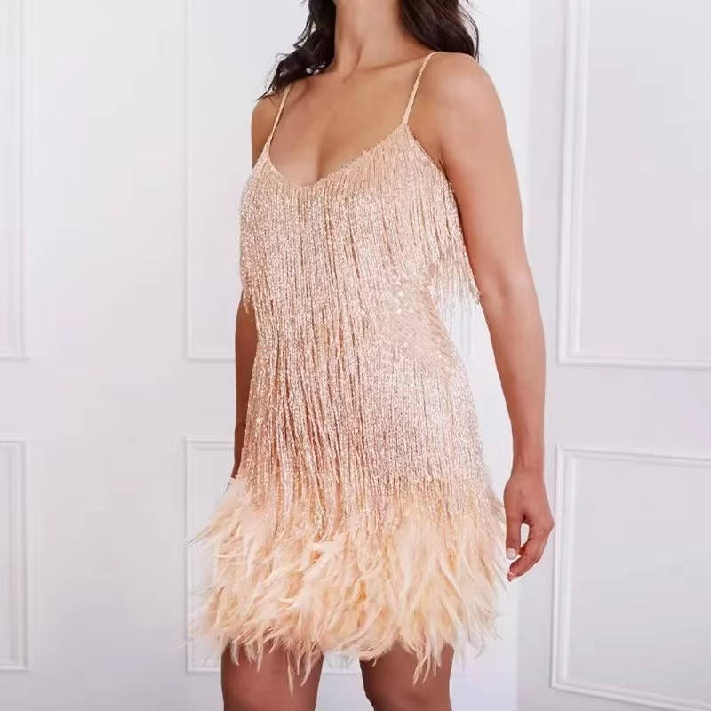 White Fringe Cocktail Dress With Feather Hem
