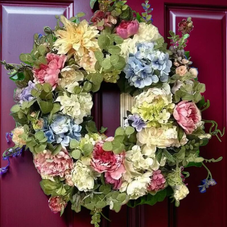 Vibrant Rainbow Hydrangea Wreath – Lifelike Artificial Flowers for Door or Wall