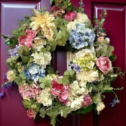 Vibrant Rainbow Hydrangea Wreath – Lifelike Artificial Flowers for Door or Wall