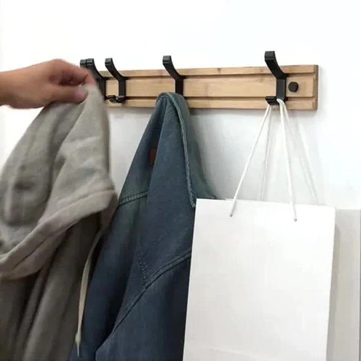 Wooden Wall-Mounted Coat Rack with Sliding Hooks