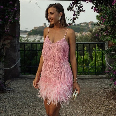 Short Dress with Feather Accents