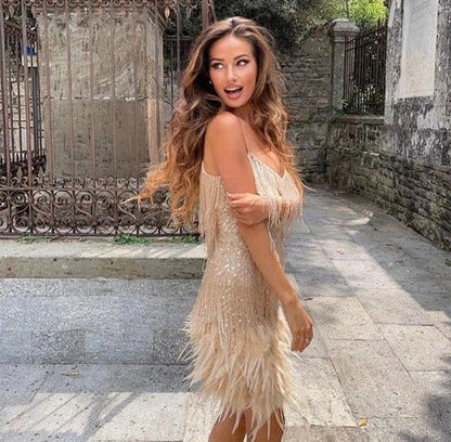 Short Dress with Feather Accents