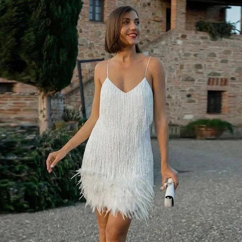 Short Dress with Feather Accents